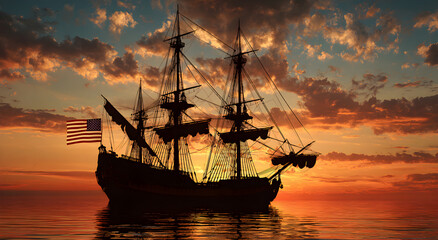 Obraz premium A large ship sails in the ocean with a flag on the side
