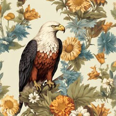 Fototapeta premium Close-up vibrant illustration bald eagle perched on branch, yellow-blue-white flowers, green foliage.