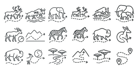 Obraz premium Collection of animal icons, including a zebra, a buffalo, and a deer, are arranged in a line. The icons are drawn in a simple, stylized manner, with each animal having a distinct shape and size
