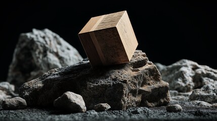 Close-Up of Wooden Object on Rock with Black Background – Ultra Detailed 3D Render in Minimalist Zen Composition, 4K 8K Photoreal Product Shot