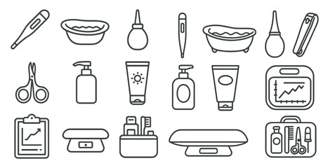 Set of medical supplies and tools. The supplies include a thermometer, scissors, and a bottle of lotion. The tools include a stethoscope and a pair of scissors