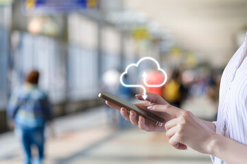 Traveler with smartphone and cloud symbol