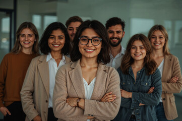 Fototapeta premium Diverse Business Team Standing Together with Confident and Professional Poses, A Group of Young Professionals Smiling and Ready to Take on New Challenges