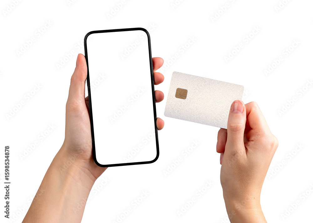 Poster phone screen with card. female client holding mobile device with blank display, using application