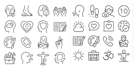 Collection of icons that include a book, a phone, a heart, a person with a paintbrush, and a person with a yoga mat