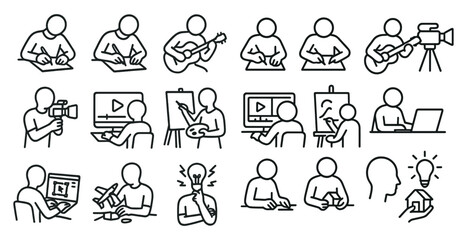 Obraz premium Series of drawings of people doing various activities, such as playing guitar, writing, and painting