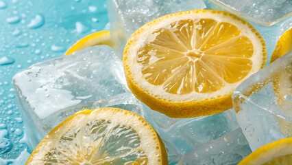 Lemon Slices and Ice Cubes on Blue Background frozen