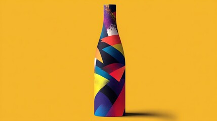 Bottle bursts with vibrant geometric art. Modern bottle design pops on yellow.  Use for product marketing, unique design, or abstract concepts.