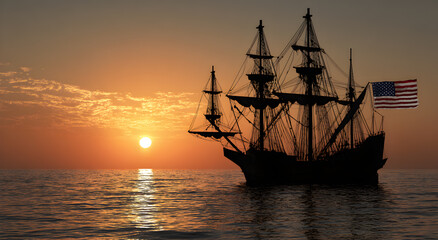 Obraz premium A large ship sails in the ocean with a flag on the mast