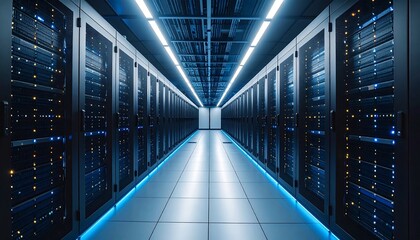 Server rack hallway, lit by blue-white lights