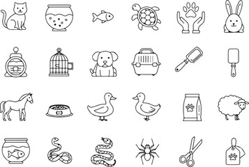 Pet icons vector collection, domestic and exotic animals, grooming tools, food items, veterinary care symbols, cute companions for education, product labels, infographic design templates