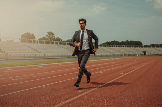 Man in suit running on track Business Success Fitness