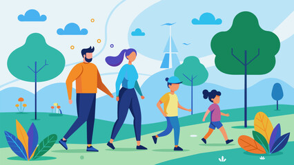 A family walks through the park while following an AR trail that leads them to various workout stations.. Vector illustration