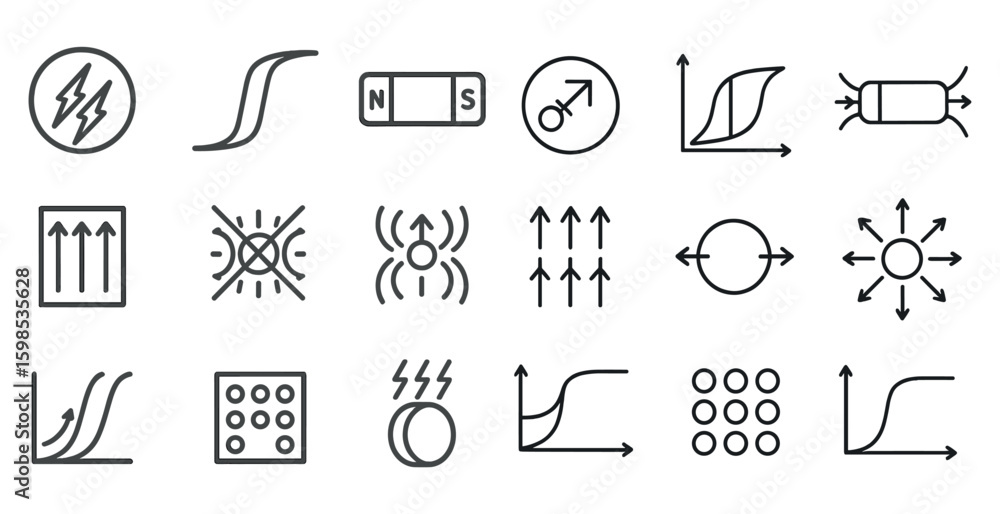 Poster set of icons with a variety of shapes and lines. the icons include a lightning bolt, a compass, a ci