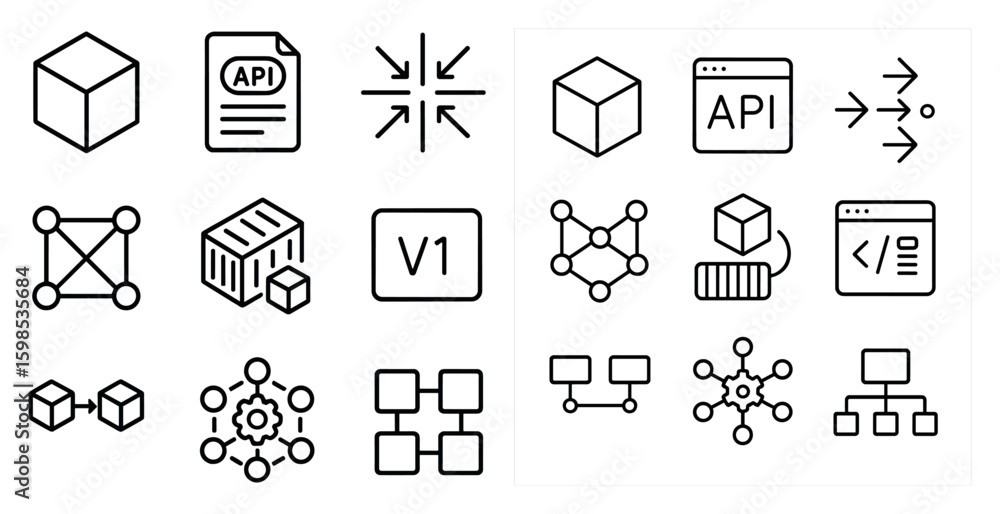 Poster collection of icons that represent various aspects of technology and programming. the icons include 