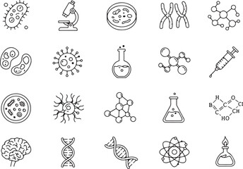 Naklejka premium Science icon set, biology and chemistry symbols, DNA, virus, microscope, neuron, atomic structures, petri dish, molecules, brain, cell division, syringe, flask graphics