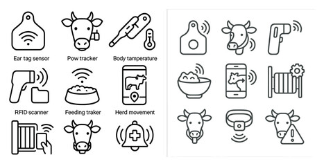 The image is a collection of icons for various devices and tools used in the agriculture industry. The icons include a cow, a phone, a tablet, a computer, a keyboard, a mouse, a bowl, a fork, a spoon