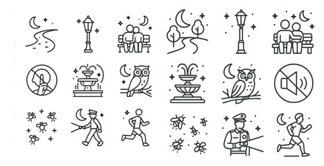 Series of black and white icons depicting various activities and objects. The icons include a person running, a person sitting on a bench, a person walking, a person holding a handbag