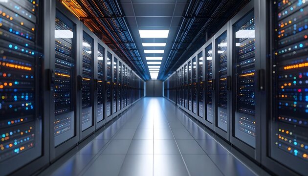 Server rack rows illuminated pathway - Powered by Adobe