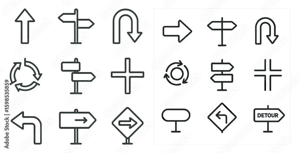 Poster set of road signs and arrows in black. the signs are arranged in a grid, with some signs pointing to