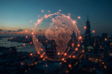 Connected World: Glowing Globe with Digital Network over Cityscape, Futuristic Global Communication and Tech Abstract Concept