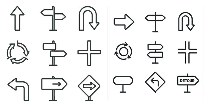 Naklejki Set of road signs and arrows in black. The signs are arranged in a grid, with some signs pointing to the right and others pointing to the left. Scene is one of organization and direction