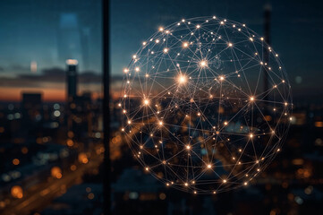 Global connectivity and communication against an urban backdrop at dusk, A network of interconnected points overlaid on a modern cityscape during twilight hours