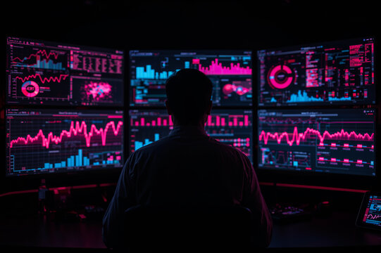 Analyzing Financial Data on Multiple Screens, Expert in Cybersecurity and Data Analysis Examining Multiple Digital Displays