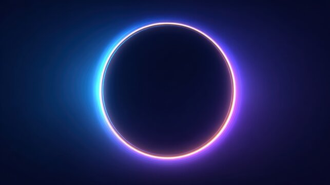 Futuristic neon ring glowing with vibrant blue and purple light against a dark cosmic background, abstract science fiction concept