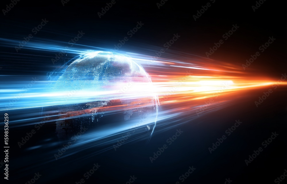 Poster an abstract representation of the globe features vibrant trails of light that evoke a sense of swift
