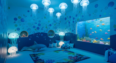 A whimsical, underwater-themed room with jellyfish lights, aquarium, and plush toys.