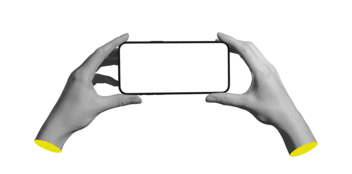 Phone in both hands. Woman holding smartphone with screen display, playing video, using app,