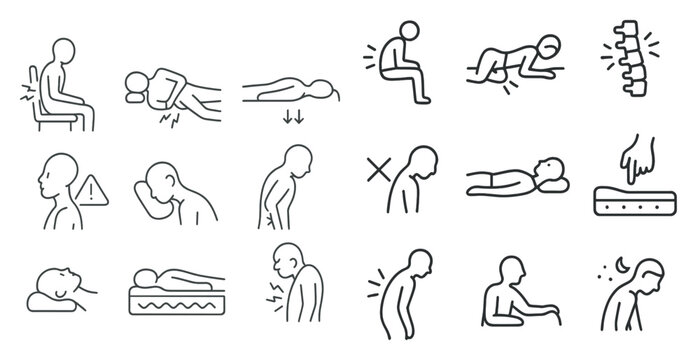 Series of images depicting various positions for the neck and back. The images are in black and white and are stylized