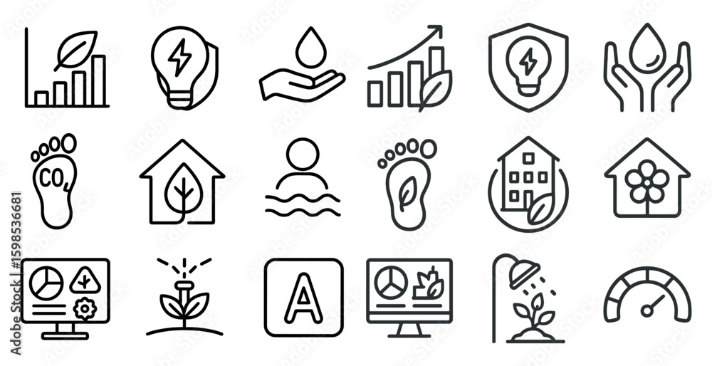 Poster series of icons that represent different aspects of the environment. some of the icons include a hou
