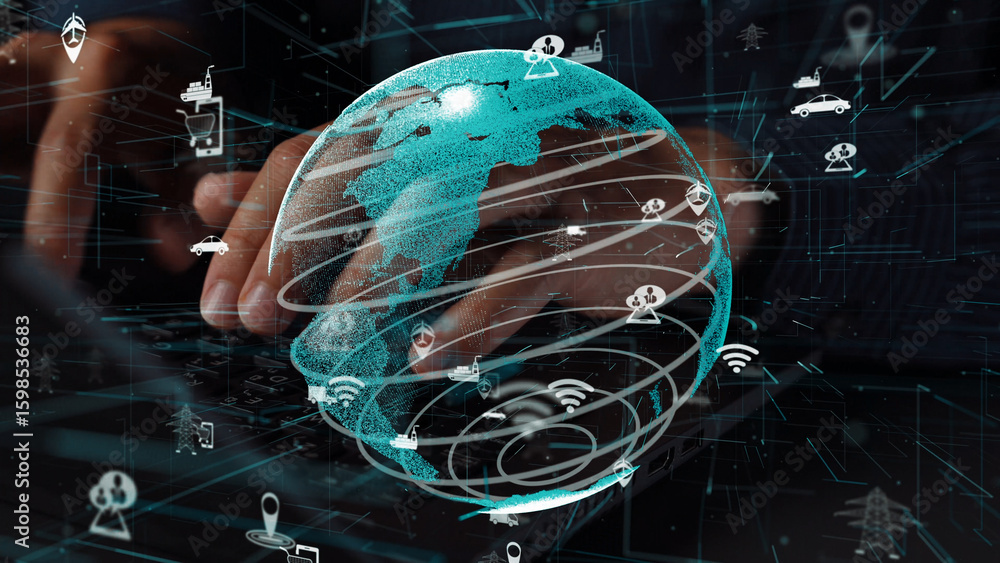 Poster explore the intersection of technology and global connectivity in this abstract image featuring hand
