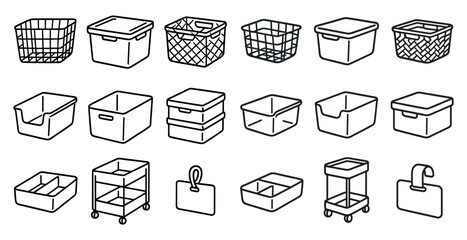 Collection of various containers, including baskets, trays, and boxes, are shown in a line