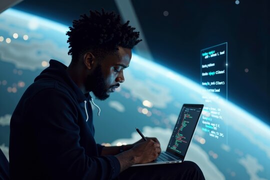 An African American coder utilizing a holographic interface to write code in the vast expanse of outer space.