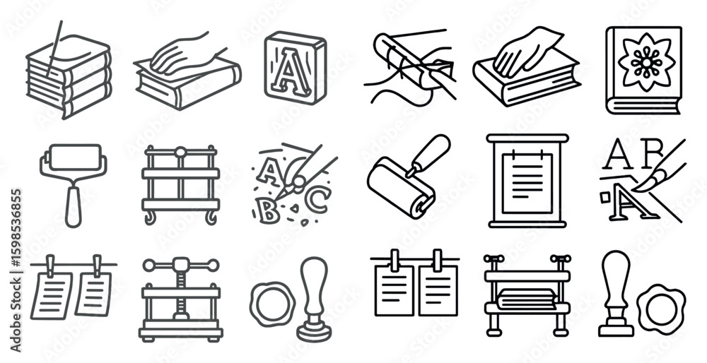Poster set of book-related icons, including a book, a pen, and a ruler. the icons are arranged in a grid, w