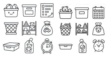Collection of black and white icons for a calendar, toys, and other items. The icons include a teddy bear, a toy car, a toy boat, a toy train, a toy clock, a toy bag, a toy box