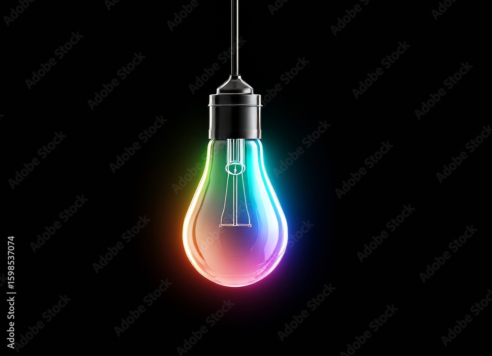 Poster a glowing lightbulb set against a black backdrop radiates a kaleidoscope of rainbow hues that arise 