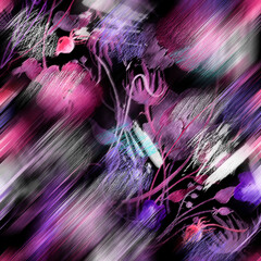 Watercolor seamless pattern, background with a floral pattern. aster, poppy, cornflower,pansies, viola, field or garden flowers. A blurred silhouette of fairy-tale herbs and flowers in the forest. 

