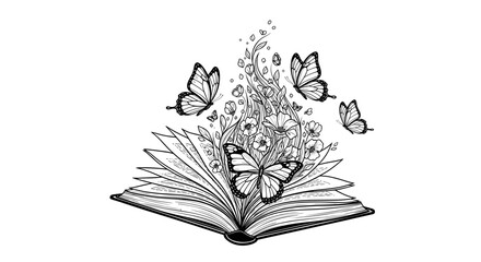 Butterflies and flowers bursting from an open book, black and white illustration, whimsical design, copy space