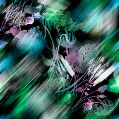Watercolor seamless pattern, background with a floral pattern. aster, poppy, cornflower,pansies, viola, field or garden flowers. A blurred silhouette of fairy-tale herbs and flowers in the forest. 

