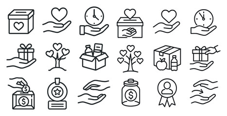Collection of symbols that represent giving and charity. The symbols include a heart, a box, a tree, a clock, and a bottle