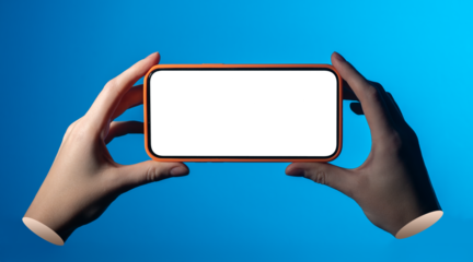 Phone in both hands. Woman holding smartphone with blank screen, finger touching display, blue light