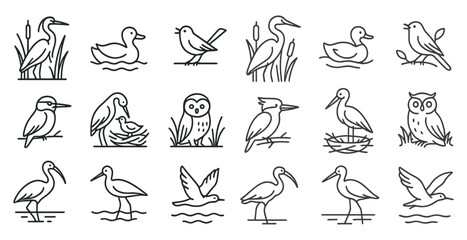 Obraz premium Set of bird illustrations in black and white. The birds are shown in various positions, with some flying and others resting. The overall mood of the images is peaceful and serene