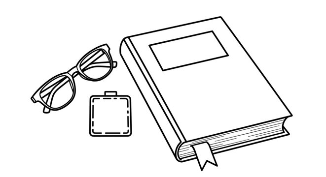 Closed book with reading glasses and a bookmark, black and white illustration, minimalist design, copy space