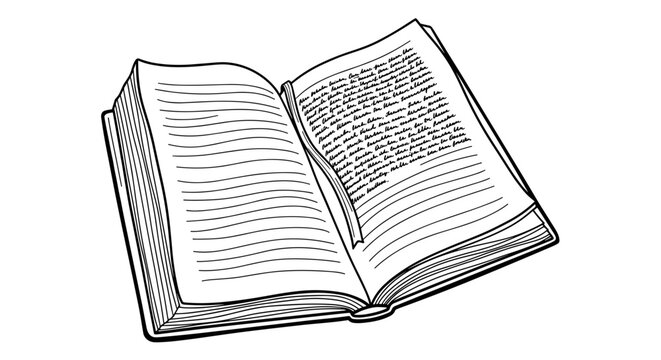 Open book with text pages, black and white illustration, minimalist design, copy space