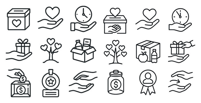 Collection of symbols that represent giving and charity. The symbols include a heart, a box, a tree, a clock, and a bottle