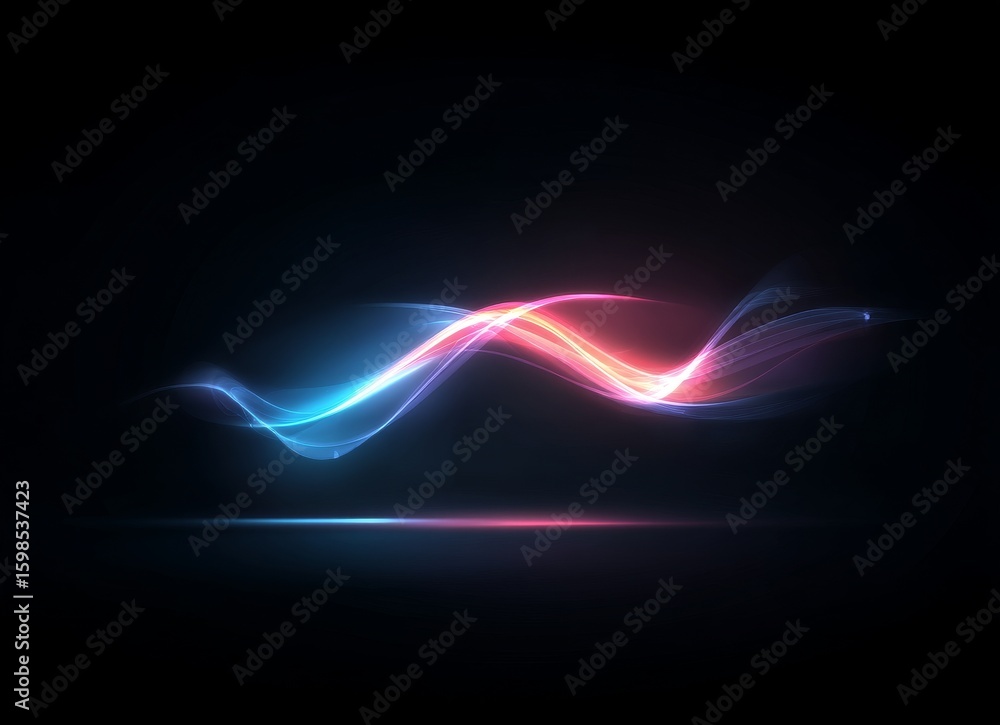 Poster vibrant, dynamic trails of light in blue and red hues flow smoothly across a black backdrop, resulti